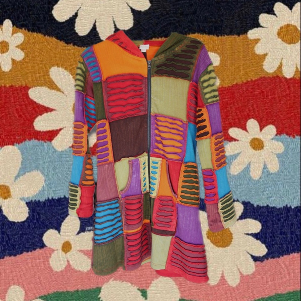 Hippie patchwork long jacket or dress depending on how you style it !🧡💚